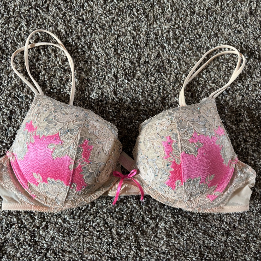 Victoria's Secret Beige Bra with Hot Pink Lace Accents